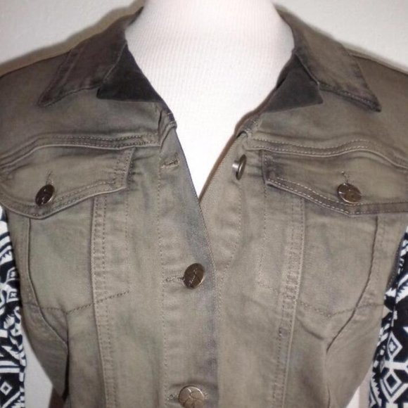 JESSICA SIMPSON MS SZ LARGE DARK OLIVE JACQUARD PRINT SLEEVES PIXIE DENIM JACKET - Picture 5 of 8